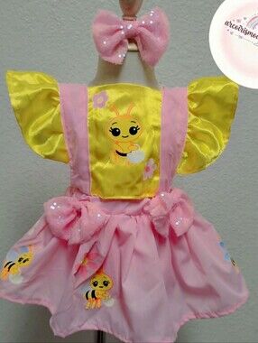 Girls Pink & Yellow Bee-Themed Costume Dress with Sparkle Bows Size 1t 12-18mont